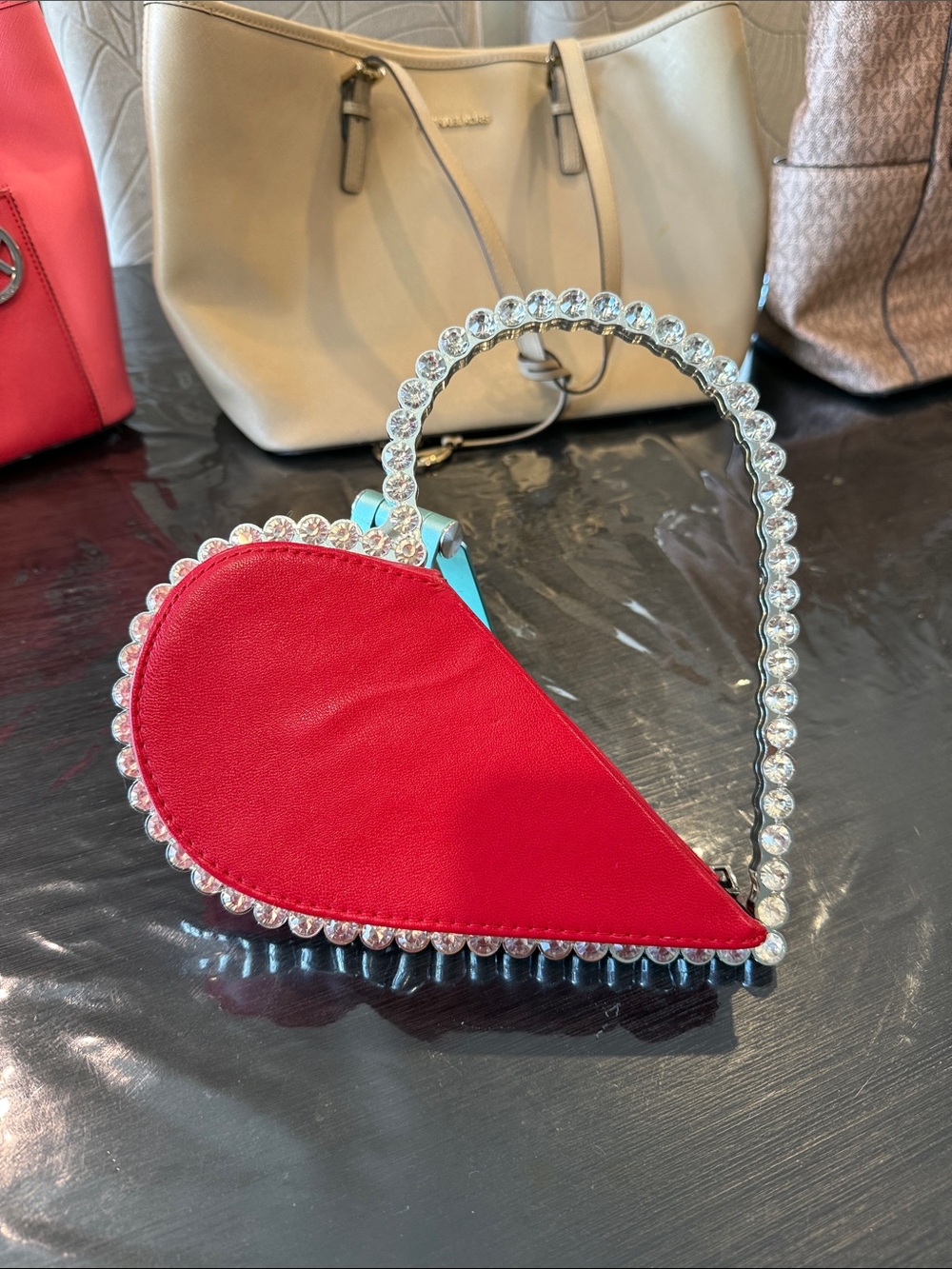 Amazon Red Heart-Shaped Mini Bag with Crystal-Trim Handle